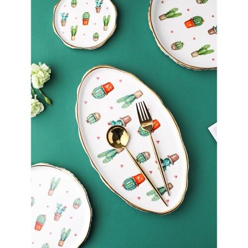 Ins ceramic dinner plates creative dishes and plates sets cute lovely cactus printed soup bowl desserts plate rice bowl gift