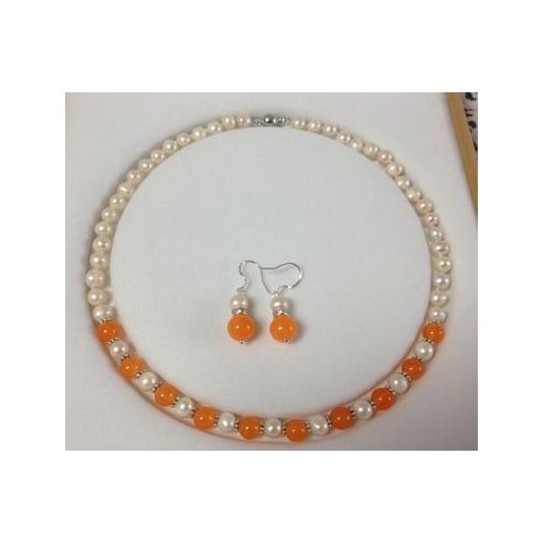 Jewelry Pearl Set Wonderful! 7-8mm White Pearl Orange Jade Necklace Earring Set 18"