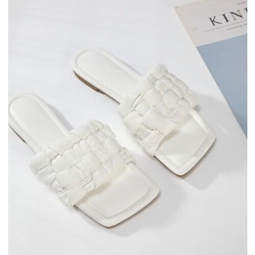 2021 New Summer Woven Slippers Women Slip on Slides Fashion Square Toe Heel Casual Flip Flops Beach Slippers Slide Sandals35-43