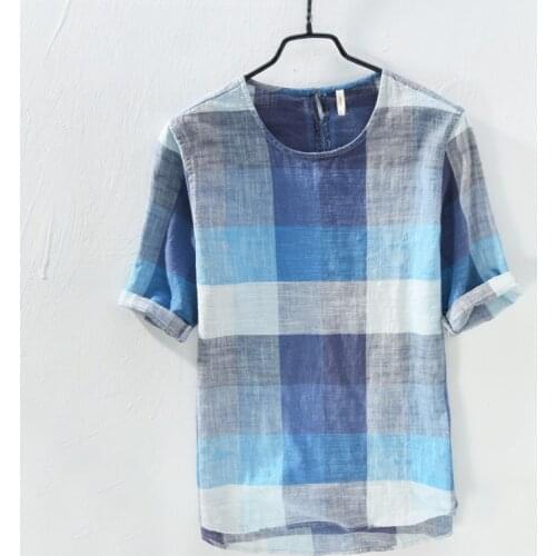 2018 Summer new cotton and linen art plaid men shirt loose retro fashion shirt mens short sleeve flax shirt men camisa masculina