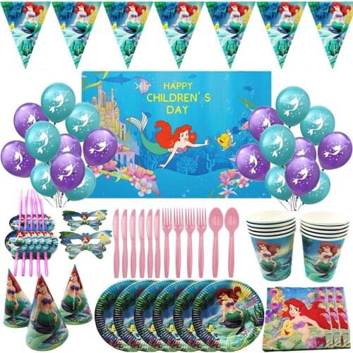 Mermaid Mermaid Princess Theme Children Birthday Party Supplies Tablecloth Paper Cup Cake Topper Banner Baby Shower Balloons