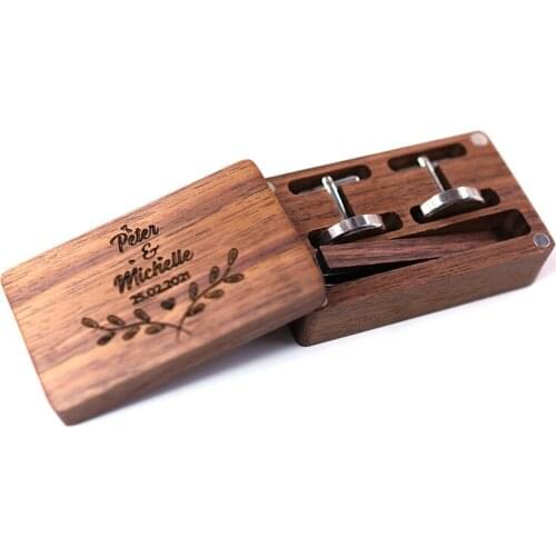 Real Walnut Wood Small Cufflinks Box Luxury Shirt and Sleeve Button Bow Tie Clip Storage Display Case with Custom Engraved Name