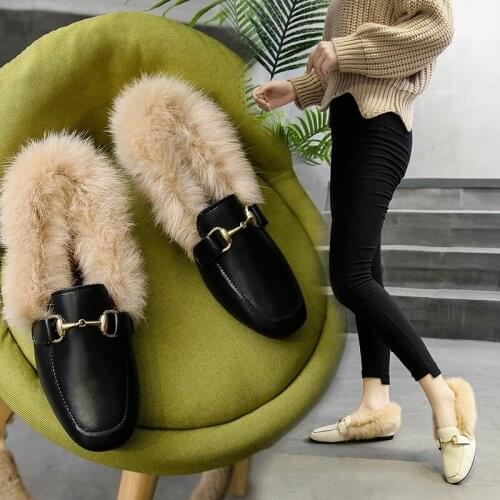 ZEEKSON Winter Leather Buckle Plush Womens Shoes Plus Velvet Warm Loafers Flat-heel Non-slip One-pedal Large Size Boat Shoes