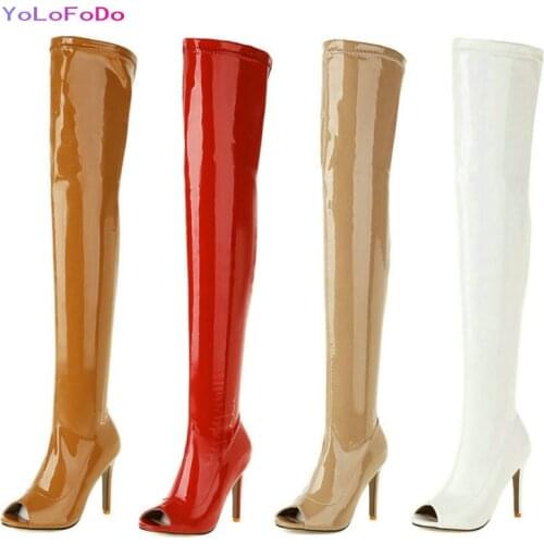 Patent PU Leather Women Over the Knee Boots Fashion Peep Toe Thin High Heel Women Nightclub Boots Spring Autumn Womans Shoes