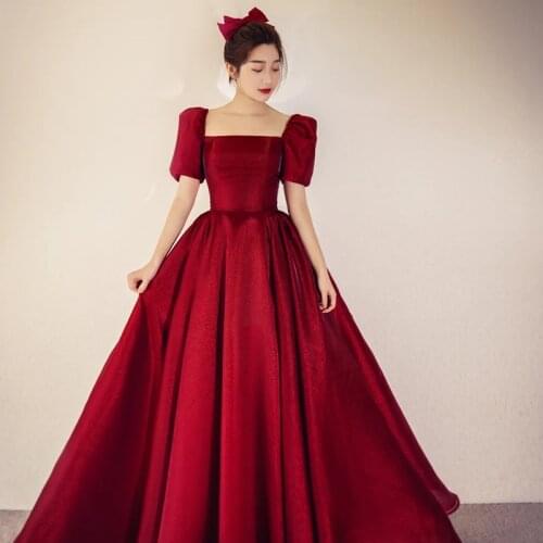Elegant Square Collar Puff Sleeve Satin A-Line Daily Evening Dress Cheongsam Back Bandage Prom Fomail Gown Vestidos De Noche