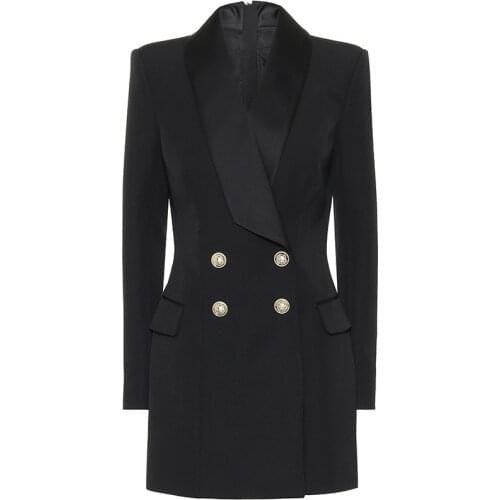 Long Blazer Dress 2021 Spring New Black White Coat Classic Double Breasted Back Zippe Satin Shawl Collar Women Blazer Suit Dress