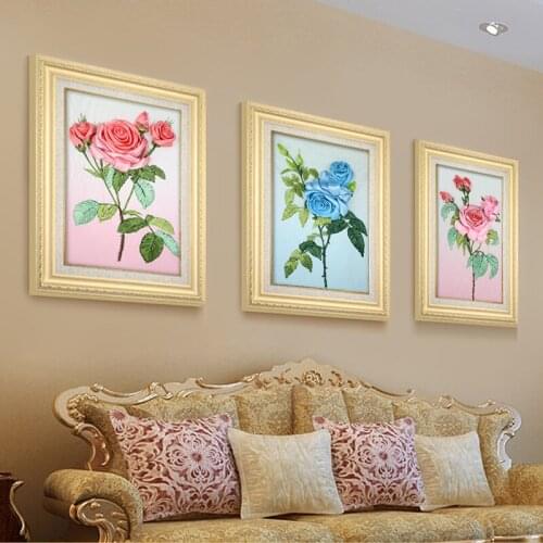 50x35cm 3D Rose flowers Ribbon embroidery kit stain painting set handcraft kit DIY handmade needlework art home decor