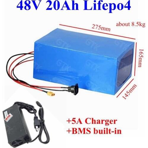 Rechargeable 51.2V 48v 20ah lithium lifepo4 battery pack 45A bms 16S for 1500w 2000w electric scooter bike motor+5A Charger
