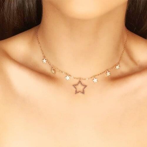 925 Sterling Silver Rose Gold Color Five-Star Bling Chain Choker Necklace Star Pendant Paved Black cz Stone for Wommen Wedding