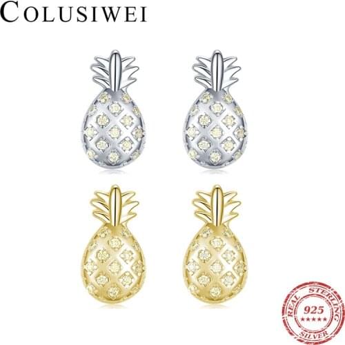 Colusiwei 925 Sterling Silver Ear Pin Cute Pineapple Charm Fruit 2 Color Stud Earrings for Women Girl Fashion Fine Jewelry
