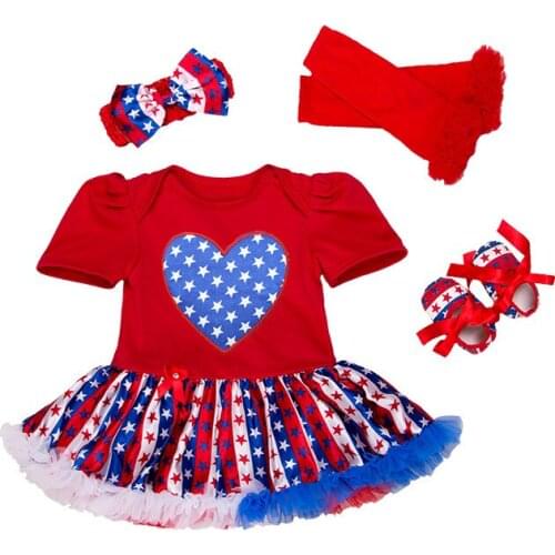 Baby Grils Tutu Dresses Rompers 4Pcs Set with Rompers Headbands Shoes Socks Red Blue Stars Dresses Independence Day