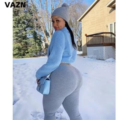 VAZN 2020 Hot Fresh Clear Blue Young Elegant Sexy High-end Woolen Outwears Simple Full Sleeve Slim Women Short Outwears