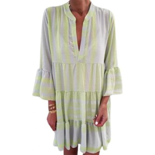 V Neck Mini Dress Three Quarter Sleeve Flare Sleeve Striped Print Casual Ruffle Dress for Party
