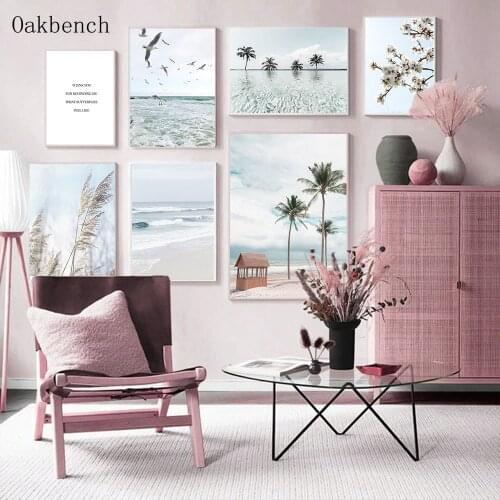 Sea Landscape Canvas Painting Beach Palm Trees Art Poster Flowers Wall Print Seagull Posters Nordic Wall Pictures Home Decor