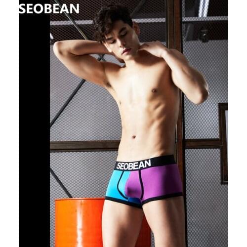 SEOBEAN Mens Underwear Fashion Patchwork Comfortable Cotton Breathable U-pouch Bag Push Up Sexy Boxers
