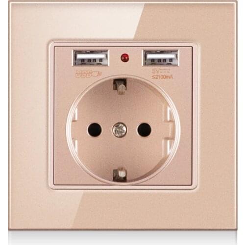 FRON Wall USB Power Socket, Crystal Glass Panel, Bedroom socket,250V 16A Wall Embedded, Double usb EU Standard Outlet 2100MA