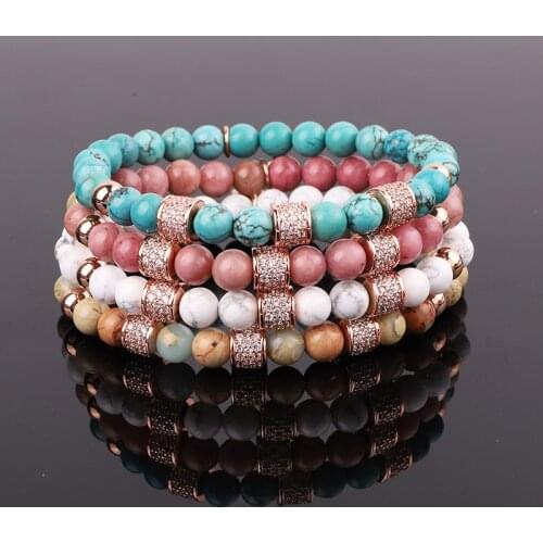 New Fashion Natural Stone Beaded CZ Pave Ball Charm Elastic Beads Bracelet For Women Jewelry Gift