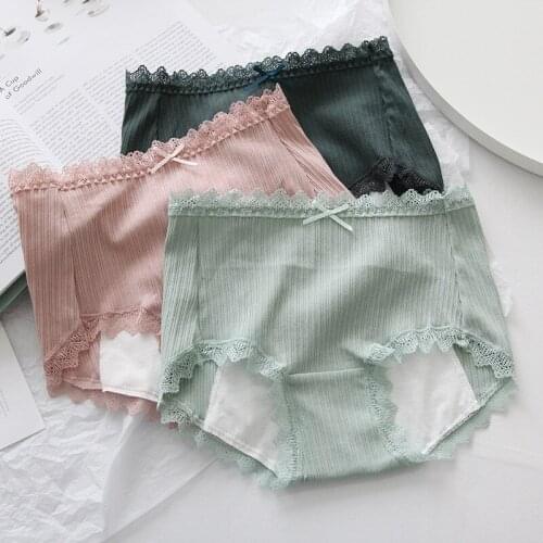 Wasteheart New Women Fashion Green Cotton Lace Bow High Waist Panties Underwear Briefs 3 Piece 3 Color M L Plus Size