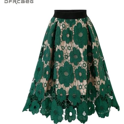 High Waist Boho Lace Skirt Women Summer Saia Midi European Style Jupe Tulle Femme Hollow Out Black Green Faldas Vintage Skirts