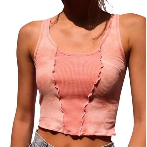 Womens Crop Tops Patchwork Curved Hem Round Neck Blouse Ribbed Vest for Female