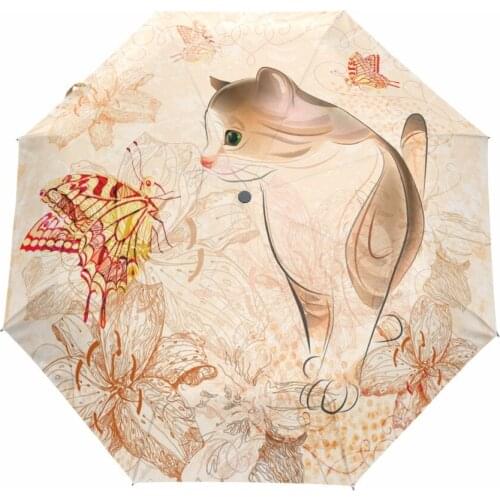 Cute Cat Printed Women Umbrella Windproof Rainproof Automatic Umbrellas Rain Women Parasol Three Folding Anti-UV Paraguas