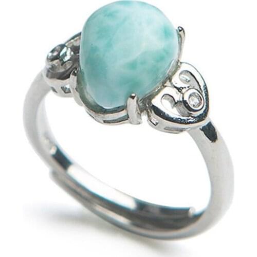 Genuine Natural Larimar Crystal Round Stone Fashion Women Adjustable Size Stering Sliver Engagement Ring 10*8mm