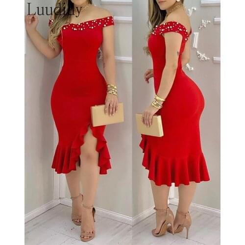 Women Sexy Beaded Off Shoulder Ruffles Slit Dress