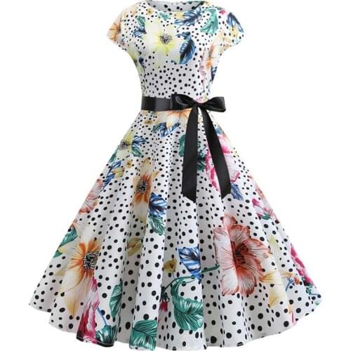2019 Women Vintage Summer Dress Robe Femme 50s 60s Retro Big Swing A-line Elegant Vestidos Black Floral Print Office Party Dress