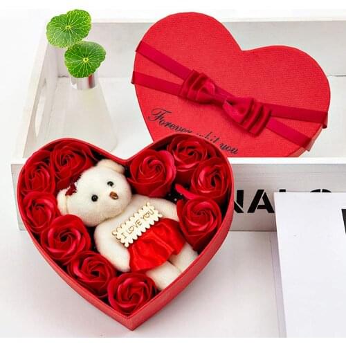 Heart-Shaped 10pcs Soap Rose Flowers Bear Gift Box Valentine Romantic Wedding Party Flower For Girlfriend Wife Romantic Gift