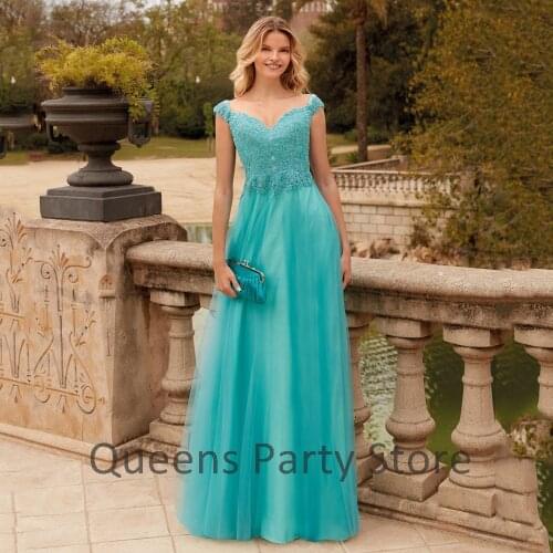 Turquoise Mother Gowns of Groom V Neck Cap Sleeve Beading Applique A Line Floor Length Tulle Mother Of The Bride Dress