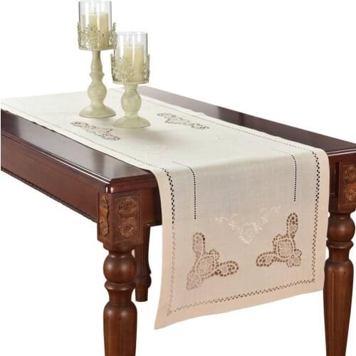 [Camellia Casa] Hemstitch Table Runner,Specially Treated Polyester,Linen Look & Washable,White/Champagne Color