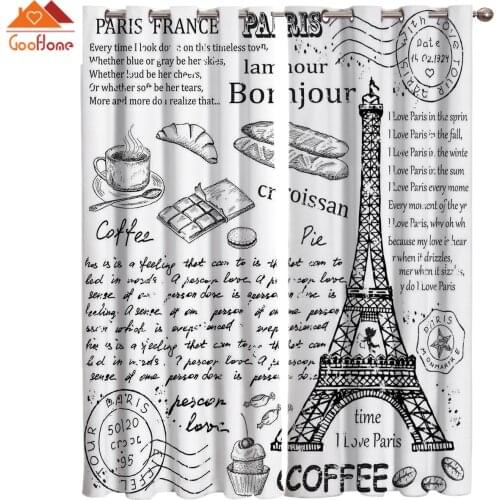 Black And White Paris Drawing Window Curtains Living Room Outdoor Fabric Drapes Curtain Home Decor