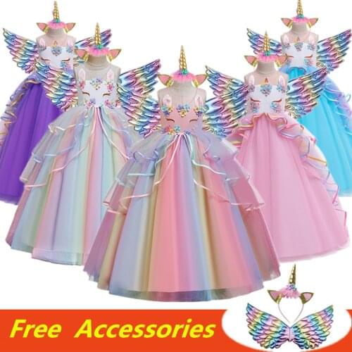 Girls Unicorn Princess Dress Appliques Birthday Gown Kids Rainbow Tutu Party Dresses Halloween Cosplay Costume Children Clothing