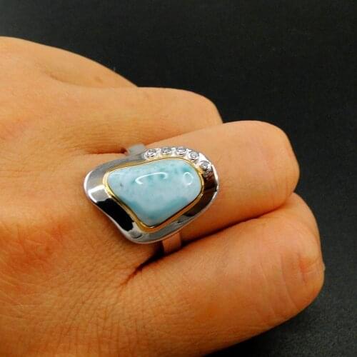 Hot Selling High Quality 925 Sterling Silver Natural Larimar Islands Ocean Ring Womens Engagement Wedding Ring For Gift