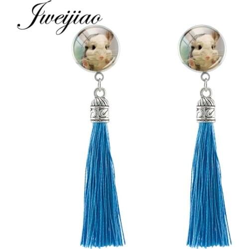 JWEIJIAO Handmade Pet Cat Totoro Stud Earrings Blue Long Tassel Pendant Bohemia Fringed Earrings For Elegant lady Jewelry Qf911