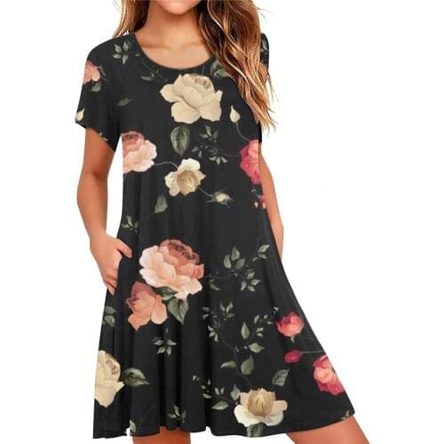 Summer Women Dress Floral Print Knee Length Summer Round Neck Short Sleeve Side Pockets Beach Party Female Dress Vestidos