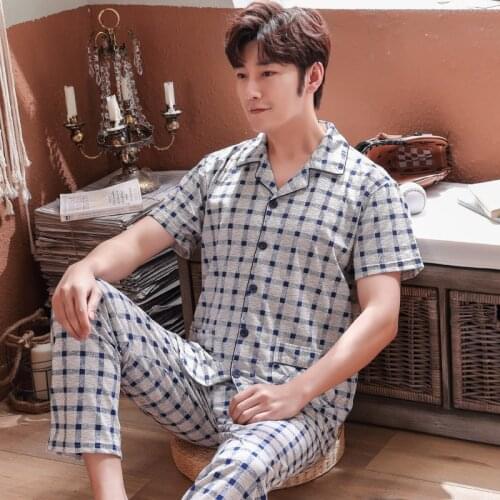 Summer 100%Cotton Men Pajamas Set Striped Pijamas Short Sleeve Turn-down Collar Mens Pyjamas Loose Plus Size 4XL Male Sleepwear