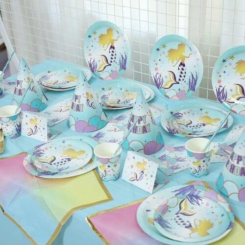 Hot Mermaid Paper Cup Paper Plate Knife Fork Spoon Balloons Holiday Party Supplies Mermaid Themed Party Tableware