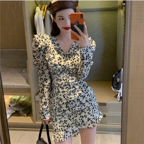 Fashion Brand Vintage Style V-neck Bodycon Dress Leopard Puff Sleeve Mini-dresses Evening Party Print Womens Clothing New