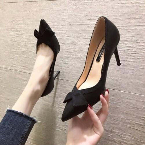 Fashion wind pointed sexy high heel stiletto bow womens single shoes satin was thin professional OL womens shoes W32-25