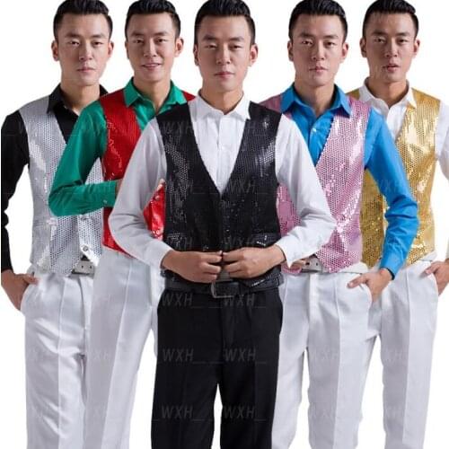 Male sleeveless vest men punk rock costumes 2020 summer style personality slim sequin V collar singer dance stage star fashion