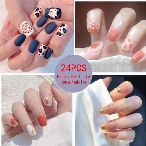 24pcs Wearable Fake Nails Press On Nail Round Head Full Cover Artificial Fake Nails False Nails Art Tips DIY Manicure Tool Hot