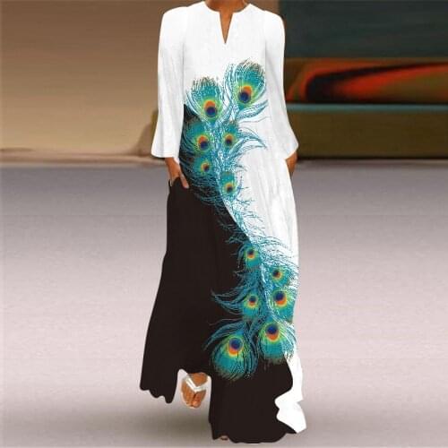 Autumn Peacock Print Dresses 2021 Women Plus Size Long Sleeve V-Neck Maxi Dreeses Loose Flowy Long Party Dress Vestido S-5XL