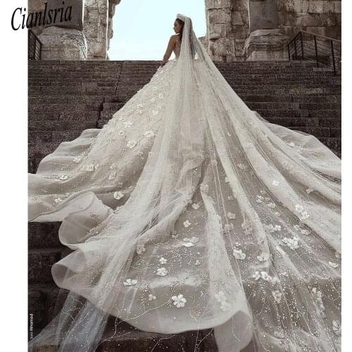 Luxury Ball Gown Wedding Dresses Sheer Neck Long Sleeves Beading Flowers Tulle Saudi Arabic DuBai Bridal Dresses Cathedral Train