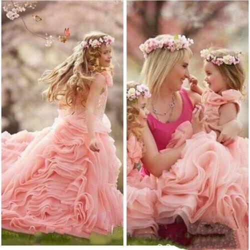 Pink Princess Ball Gown Organza Flower Girls Dresses Lace Corset Kids Girls Pageant Party Gowns Princess Formal Dress Custom