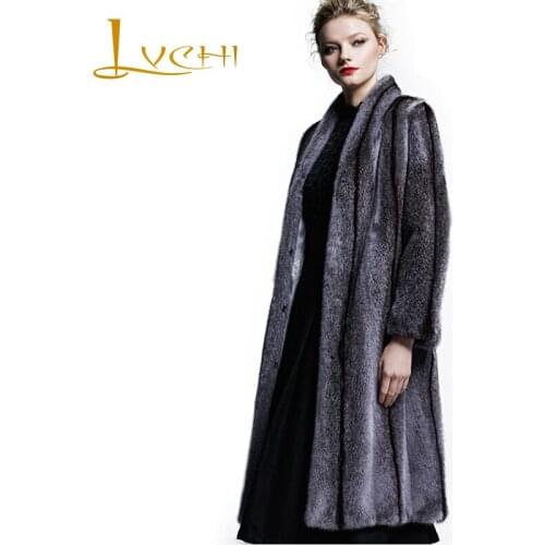 LVCHI Winter 2019 Female Beige Cross Mink Real Fur Coats Womens V-Neck Long Sleeve Criss-Cross Full Pelt Long Loss Mink Coats
