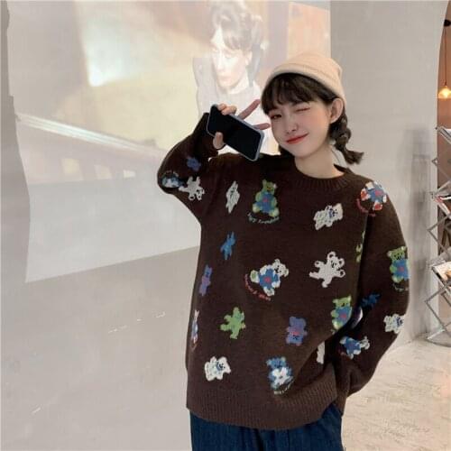 Autumn and winter college style cartoon bear sweater loose long-sleeved color matching warm knitted sweater women