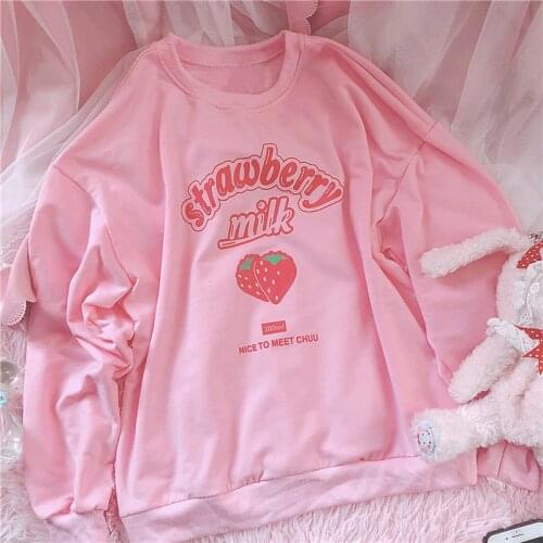 Tumblr Harajuku Kawaii Strawberry Letter Hoodie Sweatshirt Women Chic Cute Pink Vintage Warm Sweatshirt Casual Sweet Girls Tops
