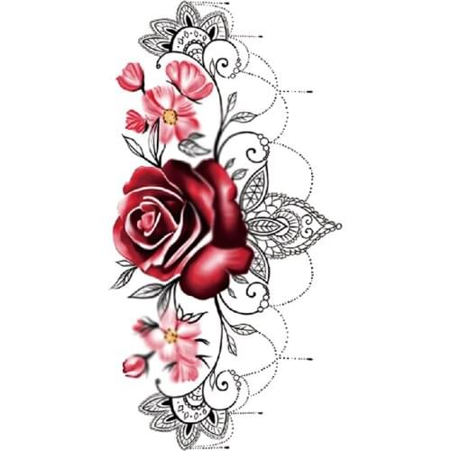 Temporary Tattoo Sticker Sexy Rose Sanskrit Flowers Totem Pearl Necklace Fake Tattoos Waterproof Tatoos Arm Large Size for Women