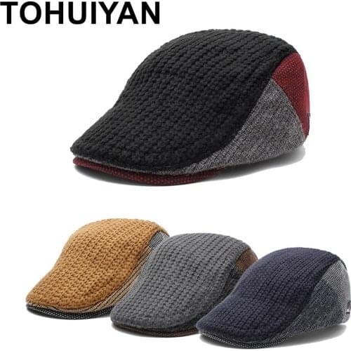 TOHUIYAN Knitted Wool Newsboy Caps for Men Retro Gatsby Hat Winter Warm Hats Male Bone Boina Golf Hats Duckbill Visor Ivy Caps